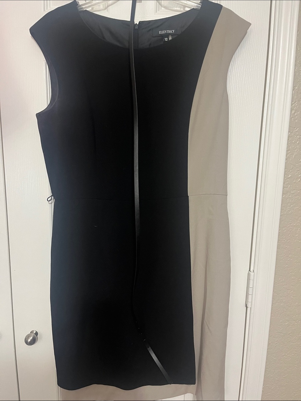 Ellen Tracy Black and Taupe Colorblock Sheath Dress with belt